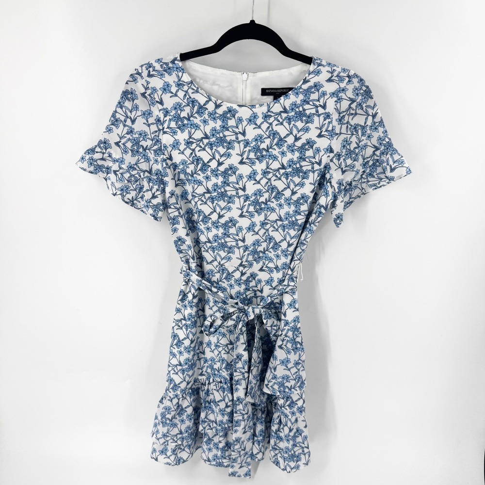 Banana Republic Blue White Floral Ruffle Hem Tie Waist Mini Dress Size 2